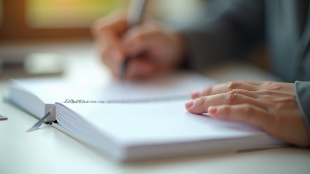 Mão a escrever num diário de planejamento com cores pastel, caneta sobre página aberta, ambiente de trabalho organizado, luz matinal