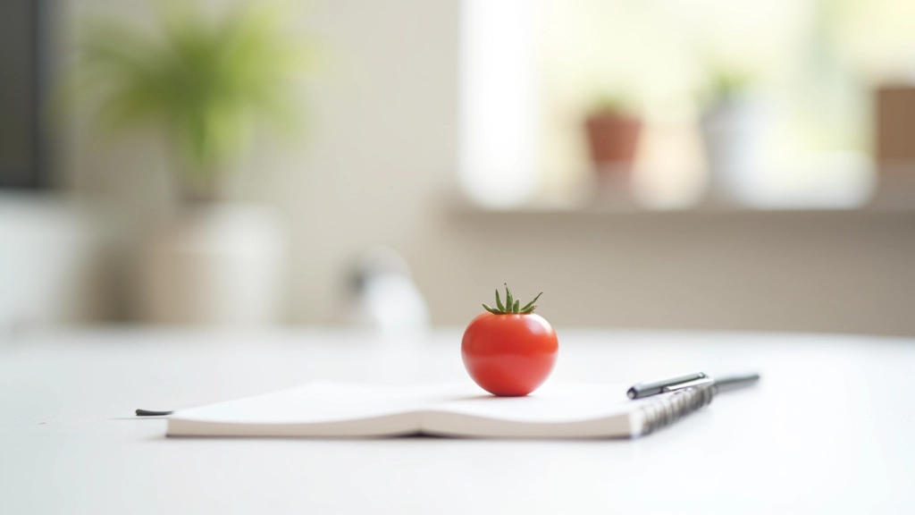 Relógio de cozinha redondo em forma de tomate sobre uma mesa branca, com bloco de notas e caneta, luz natural de janela, fundo simples