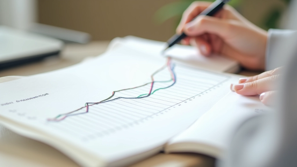 Gráfico de progresso traçado manualmente numa página de caderno, caneta colorida, mostrando crescimento consistente ao longo do tempo