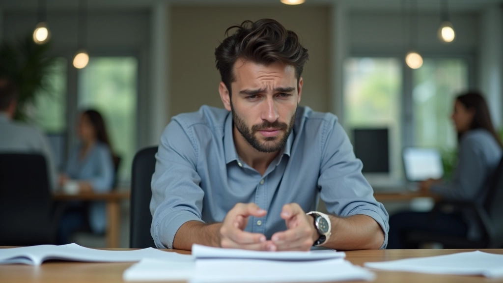 Pessoa frustrada a olhar para o computador portátil com a cabeça nas mãos, mesa bagunçada com papéis, iluminação suave de escritório