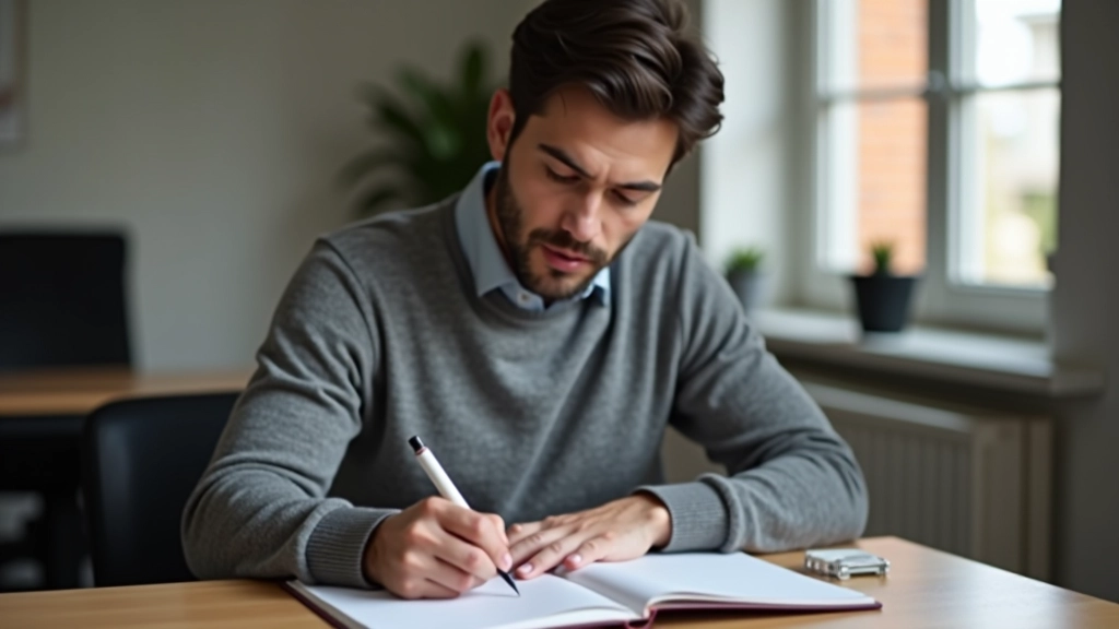Pessoa a escrever notas em caderno com caneta, sentada à secretária com organização de trabalho