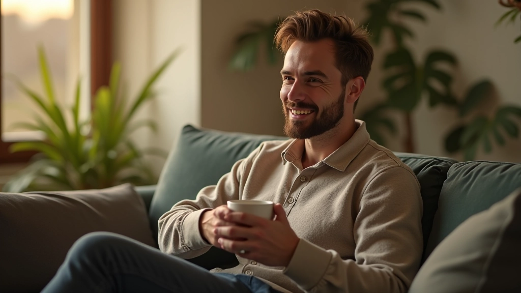 Pessoa a relaxar em sofá com xícara de chá, ambiente doméstico aconchegante com plantas e luz natural pela janela