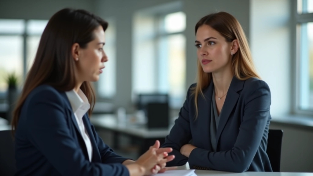 Pessoa a conversar com colega em escritório, expressão séria mas confiante, discussão profissional clara sobre expectativas e limites