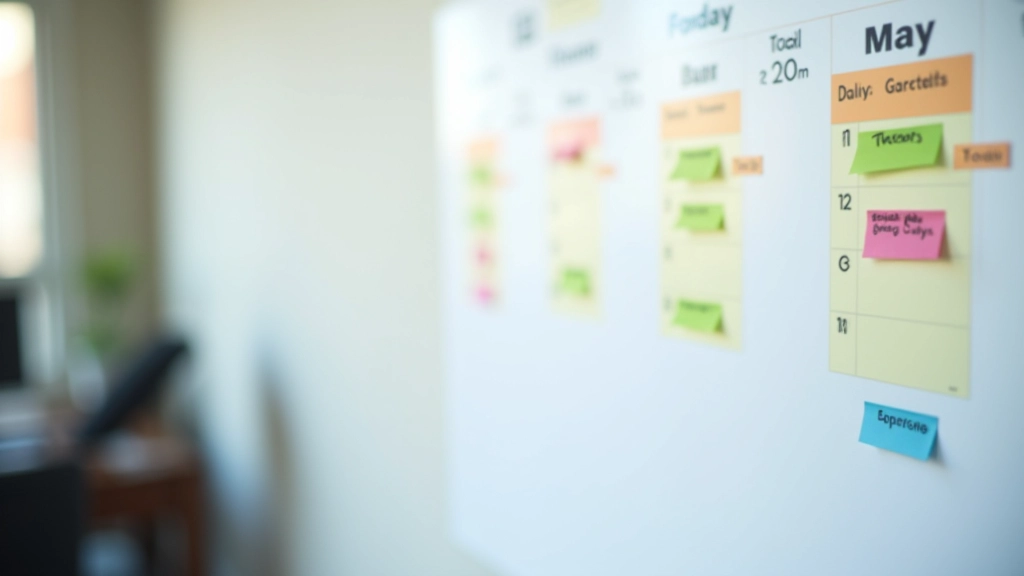 Calendário de parede com horas marcadas, marcador destacando horários de trabalho em verde e tempo pessoal em roxo, organização visual clara