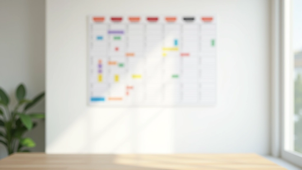 Planeador de parede mostrando a semana inteira com blocos de tempo coloridos para diferentes tipos de tarefas