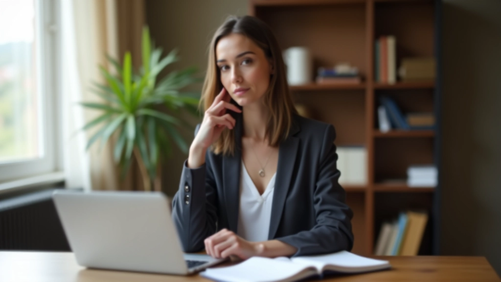 Pessoa trabalhando num escritório moderno com notebook e planeador diário na mesa, luz natural da janela